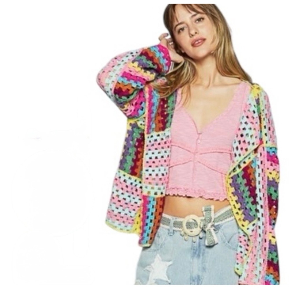 Pol Julia Crochet Patchwork Cardigan Sweater Os C… - image 1